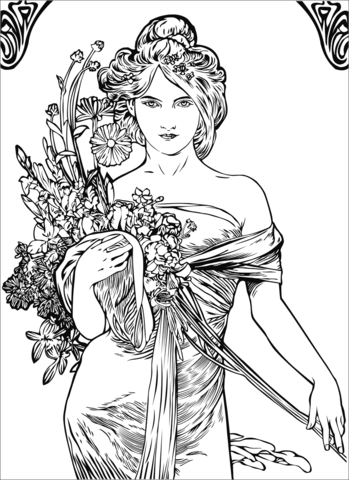 Spring By Alfons Mucha Coloring Page